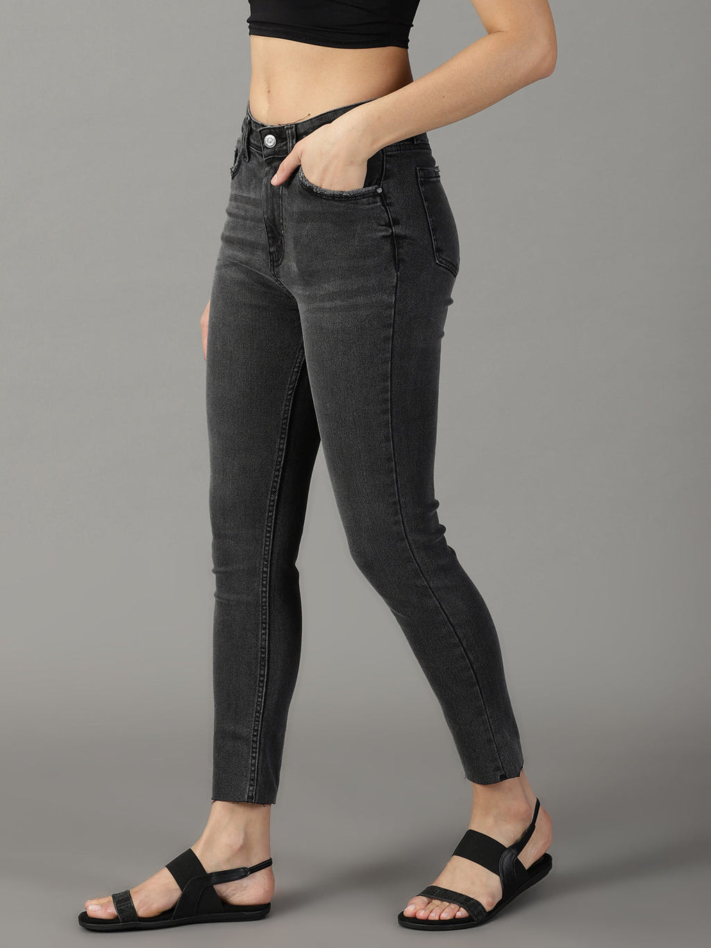 Women's Grey Slim Fit High-Rise Light Fade Stretchable Jeans