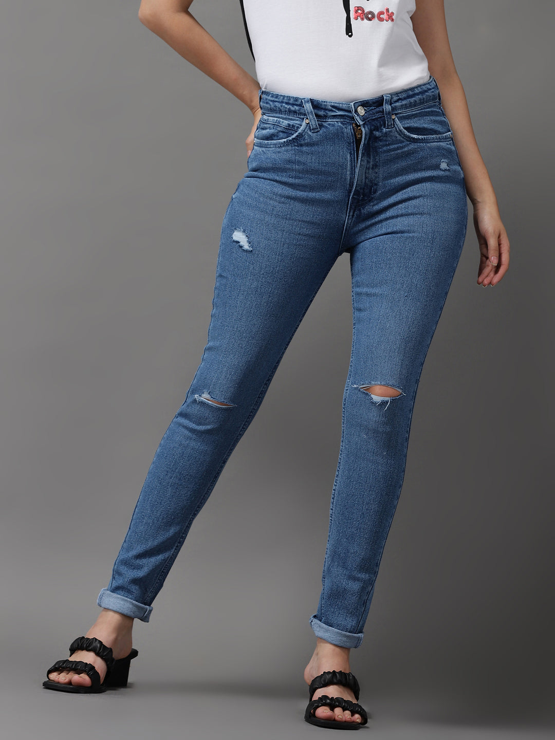 Women's Blue Jean Slim Fit High-Rise Slash Knee Light Fade Stretchable Jeans