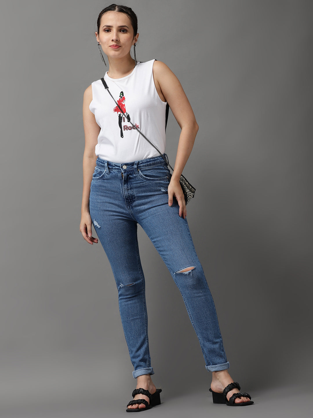 Women's Blue Jean Slim Fit High-Rise Slash Knee Light Fade Stretchable Jeans