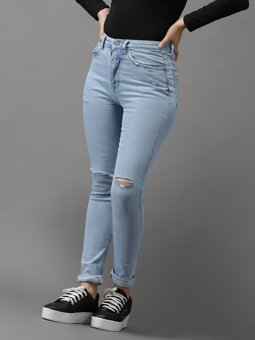 Women's Blue Jean Slim Fit High-Rise Low Distress Light Fade Stretchable Jeans