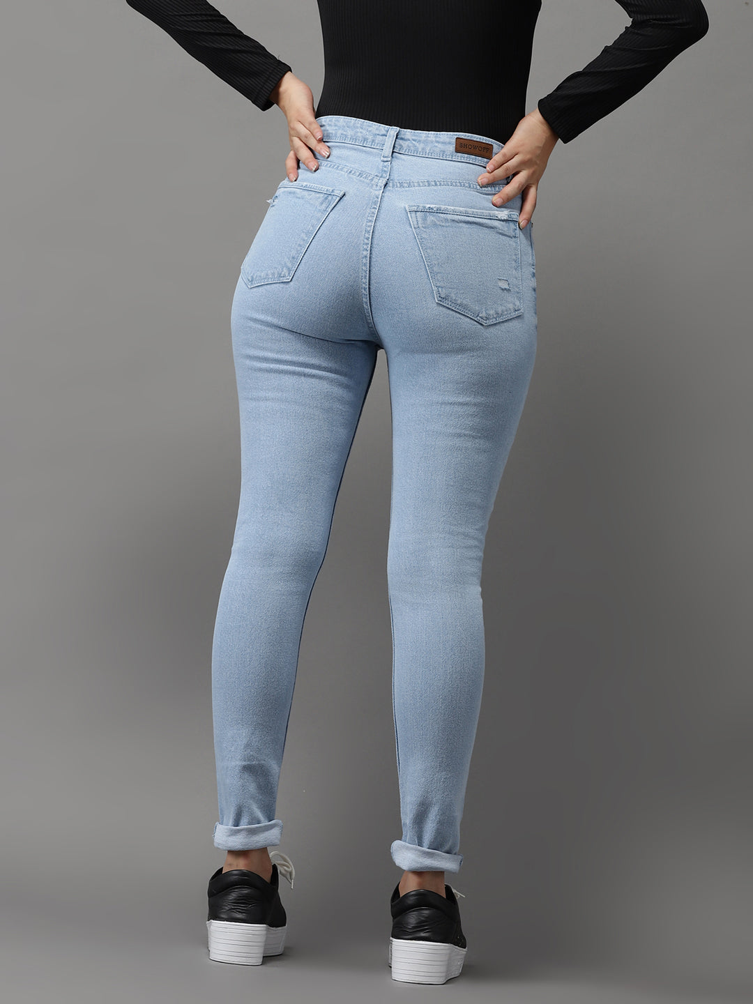 Women's Blue Jean Slim Fit High-Rise Low Distress Light Fade Stretchable Jeans