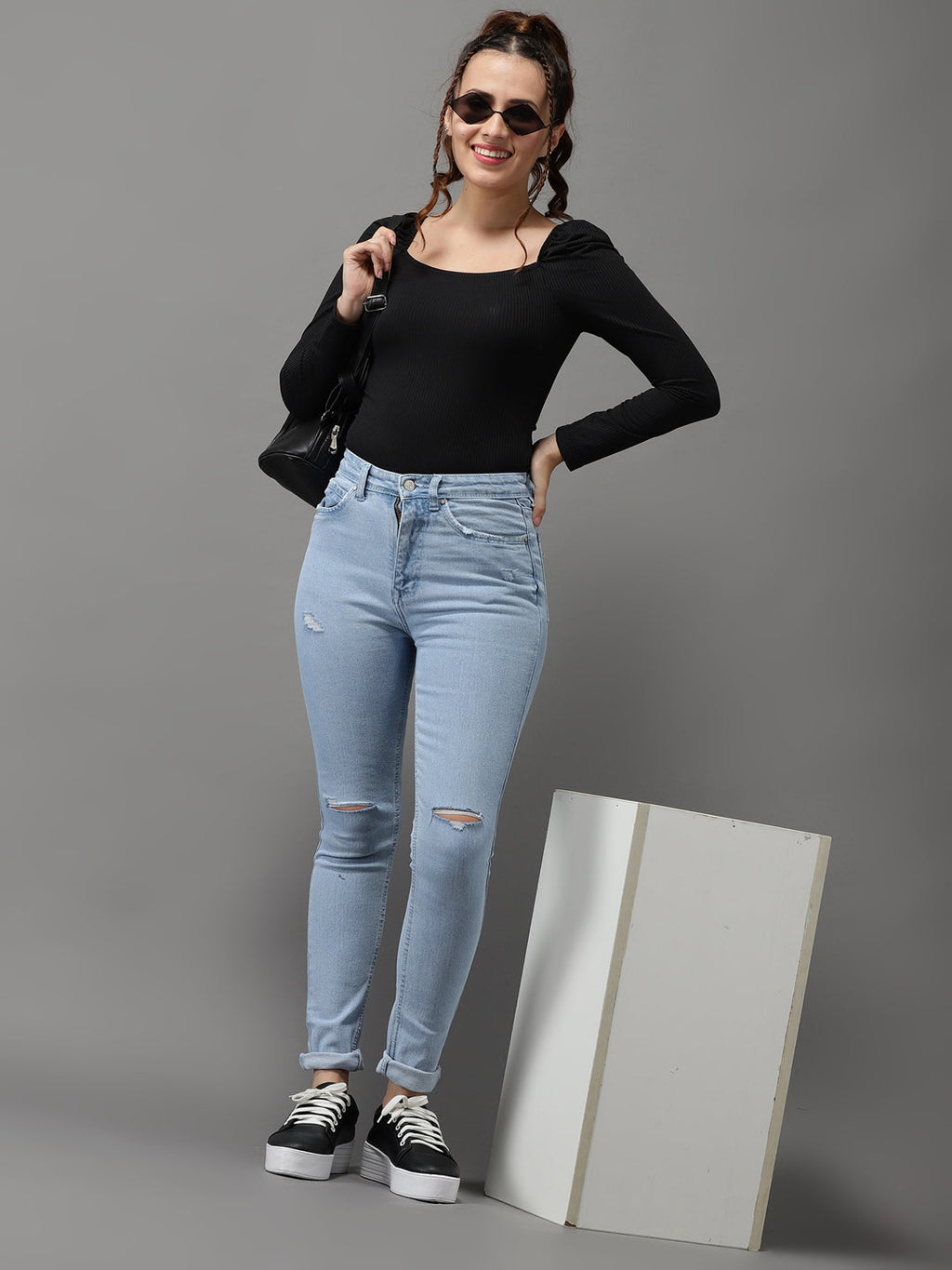 Women's Blue Jean Slim Fit High-Rise Low Distress Light Fade Stretchable Jeans