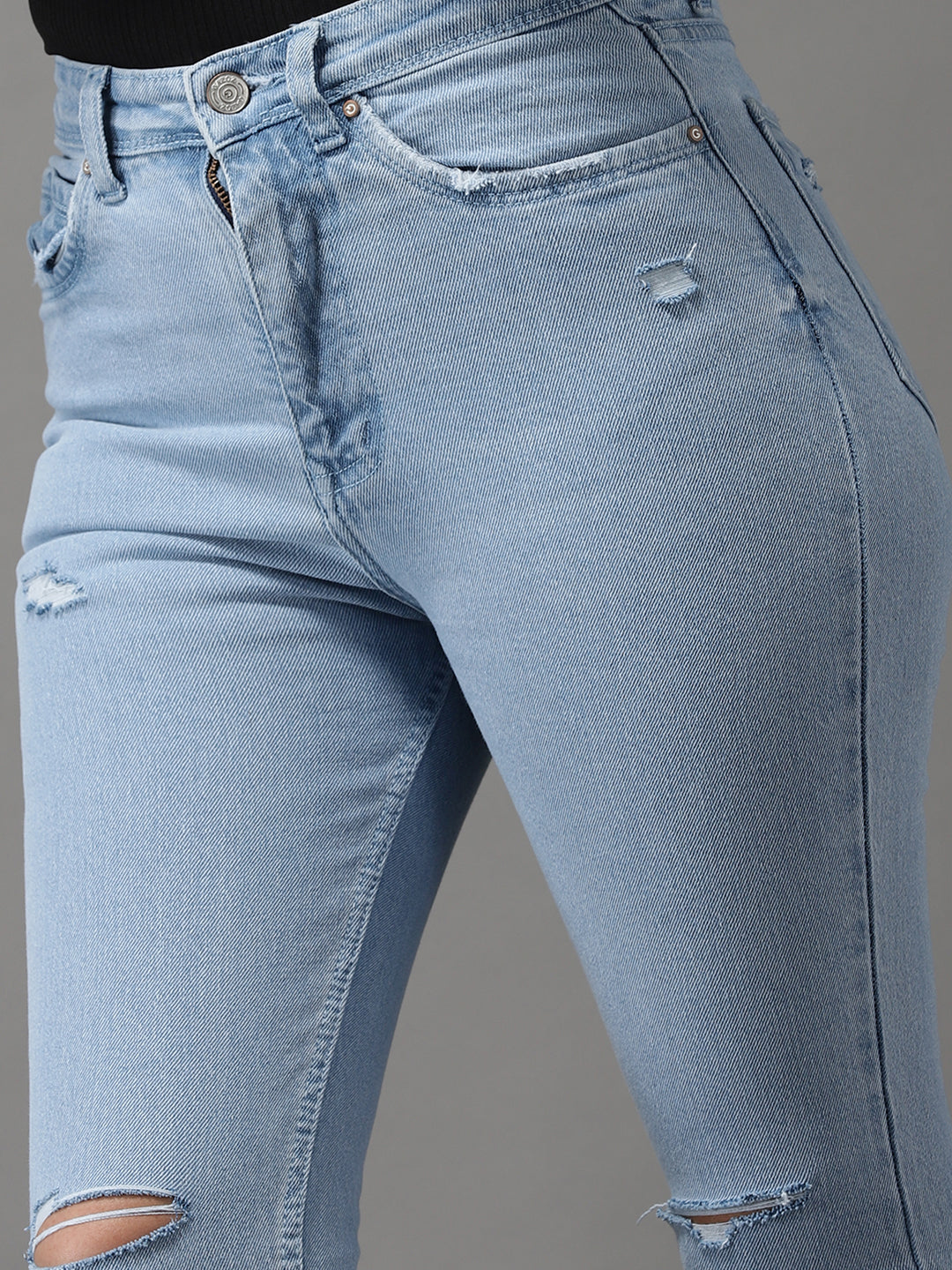 Women's Blue Jean Slim Fit High-Rise Low Distress Light Fade Stretchable Jeans