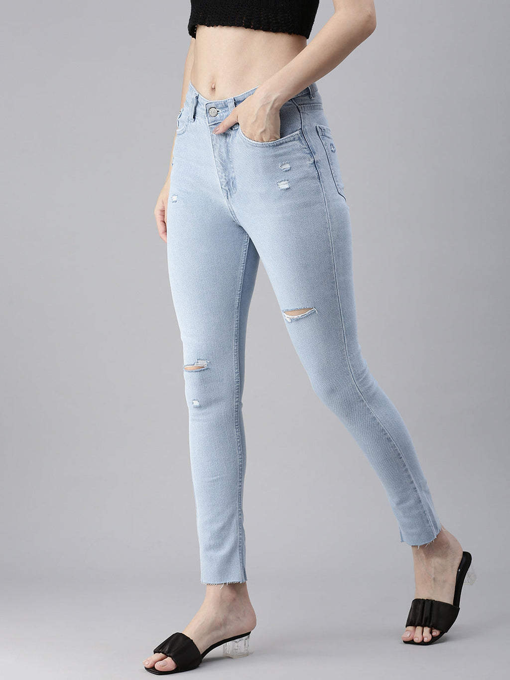 Women's Blue Skinny Fit High-Rise Mildly Distressed Stretchable Jeans