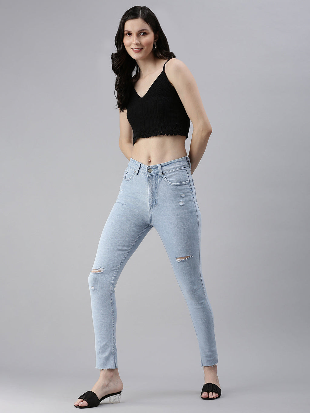 Women's Blue Skinny Fit High-Rise Mildly Distressed Stretchable Jeans