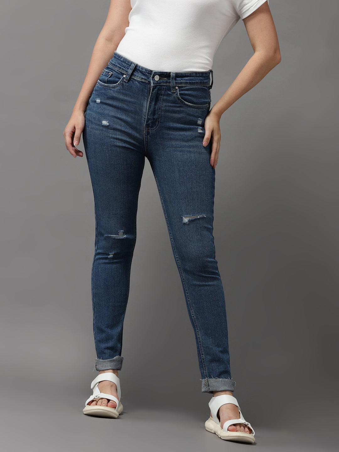 Women's Blue Jean Skinny Fit High-Rise Slash Knee Light Fade Stretchable Jeans