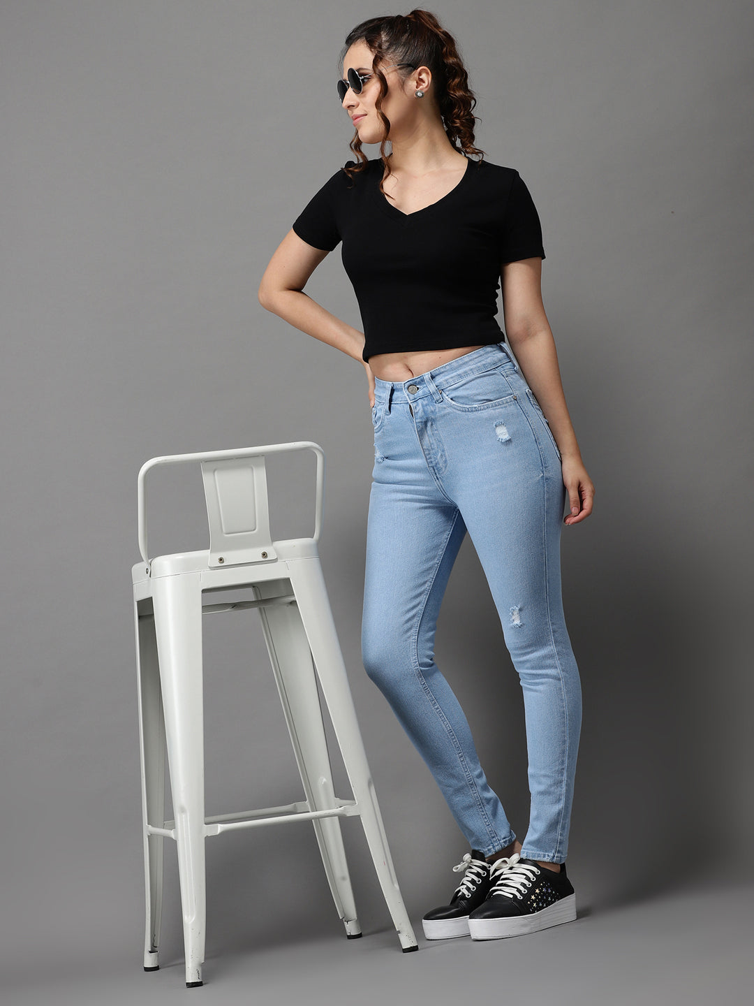 Women's Blue Jean Skinny Fit High-Rise Low Distress Light Fade Stretchable Jeans