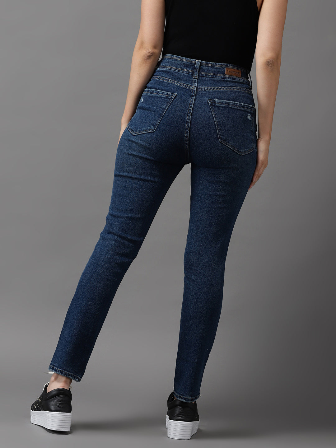 Women's Blue Jean Slim Fit High-Rise Low Distress Light Fade Stretchable Jeans