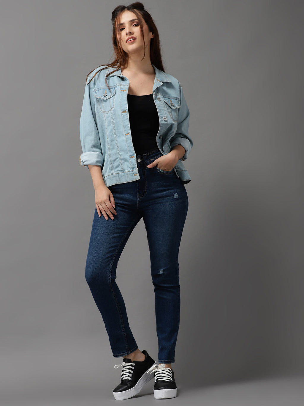 Women's Blue Jean Slim Fit High-Rise Low Distress Light Fade Stretchable Jeans