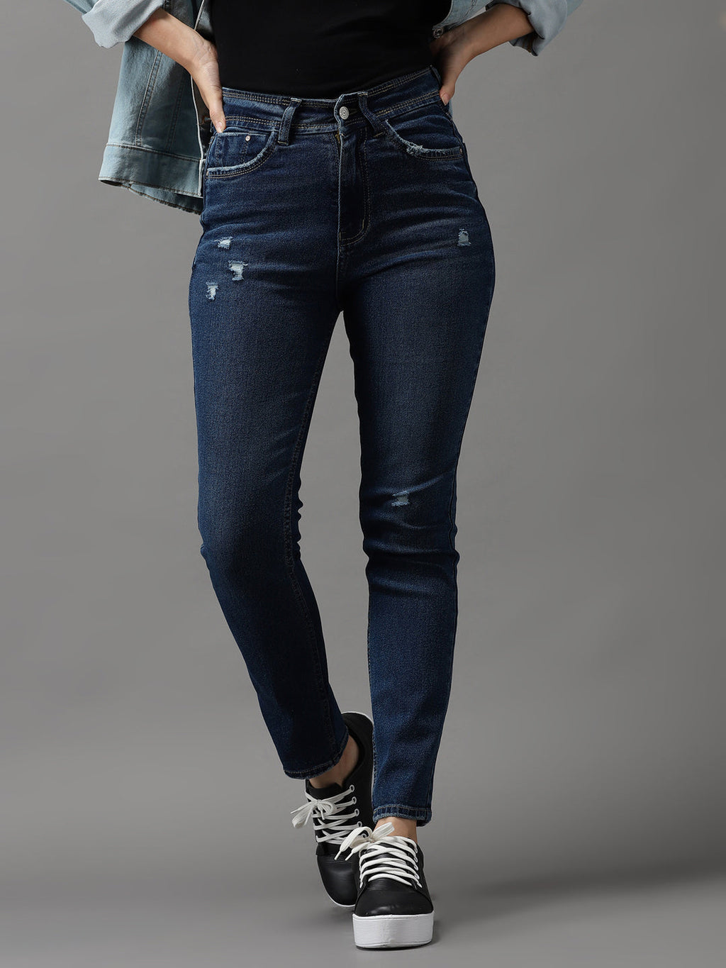 Women's Blue Jean Slim Fit High-Rise Low Distress Light Fade Stretchable Jeans