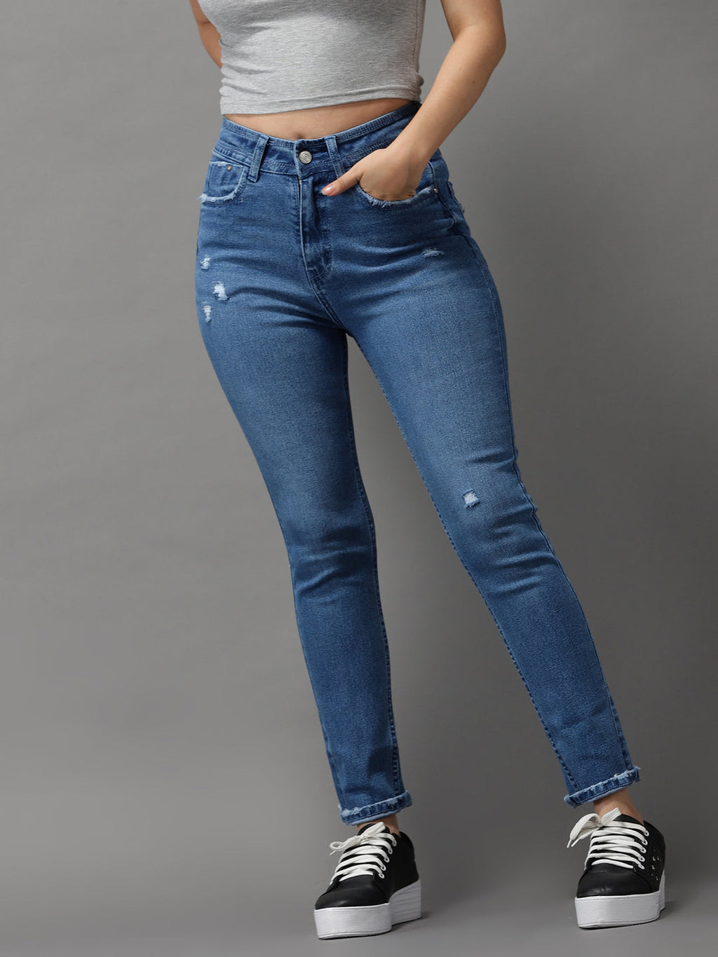 Women's Blue Jean Slim Fit High-Rise Low Distress Light Fade Stretchable Jeans