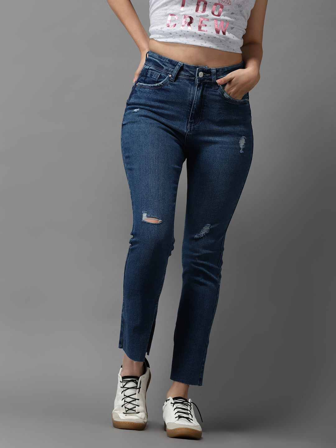 Women's Blue Jean Slim Fit High-Rise Mildly Distressed Light Fade Stretchable Jeans