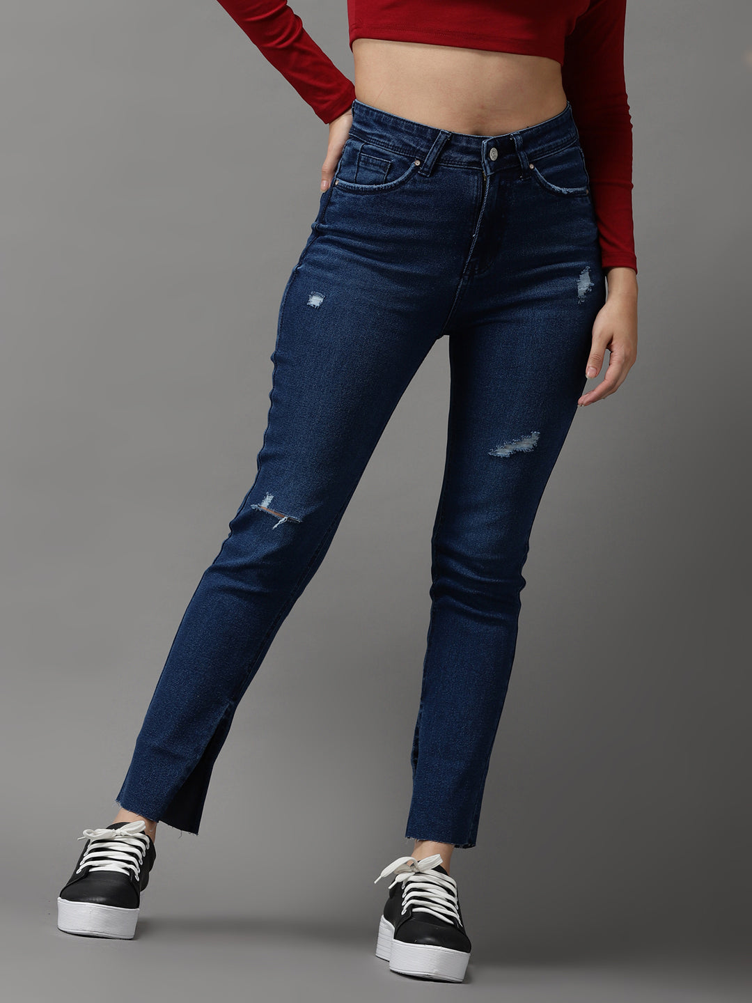 Women's Navy Blue Jean Slim Fit High-Rise Mildly Distressed Light Fade Stretchable Jeans