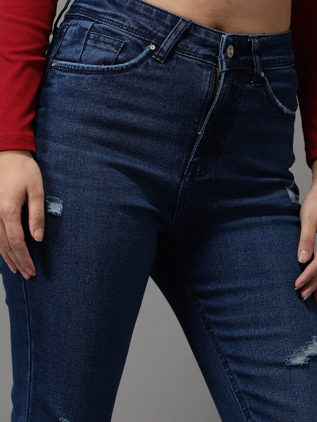 Women's Navy Blue Jean Slim Fit High-Rise Mildly Distressed Light Fade Stretchable Jeans