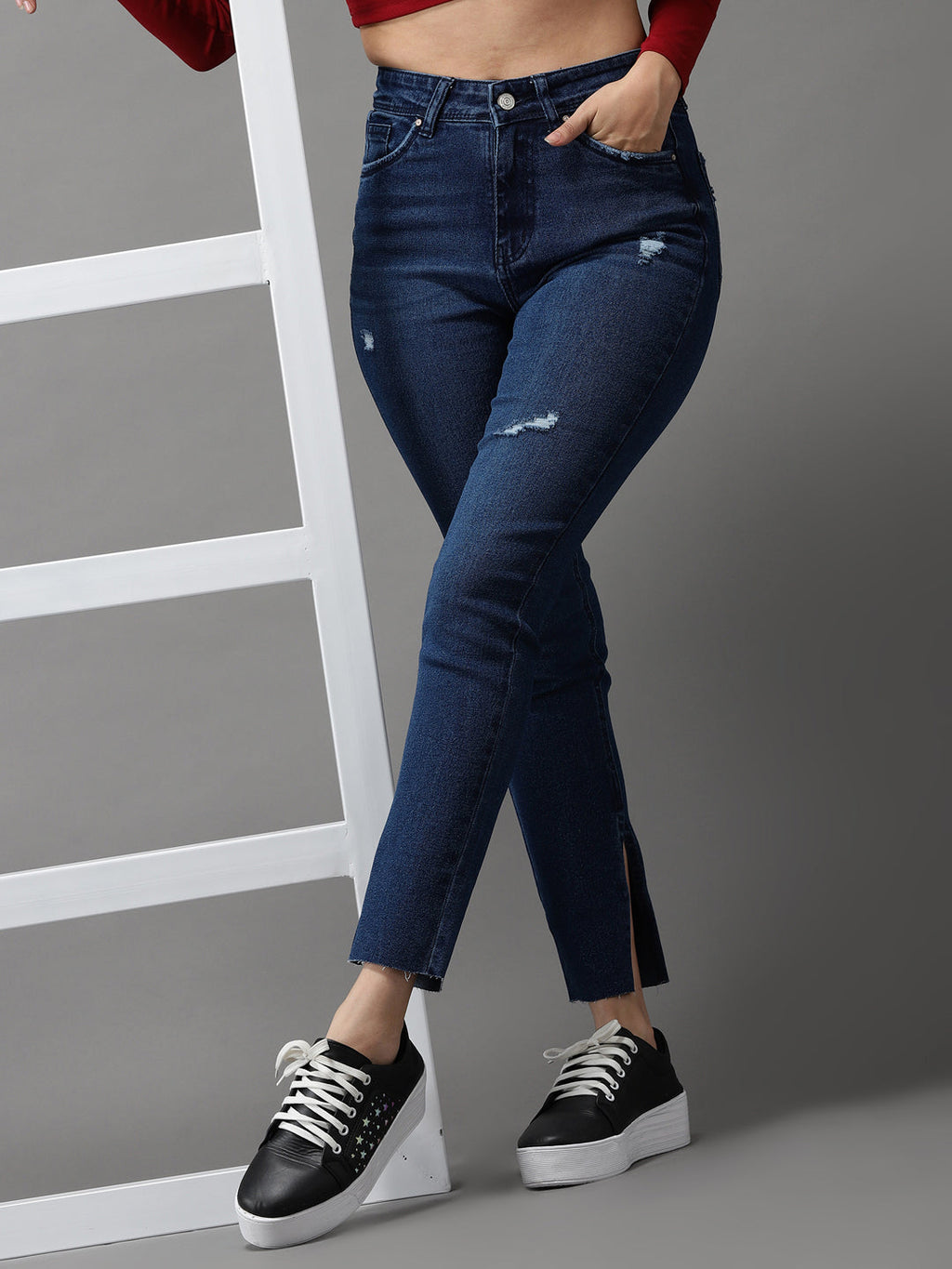 Women's Navy Blue Jean Slim Fit High-Rise Mildly Distressed Light Fade Stretchable Jeans