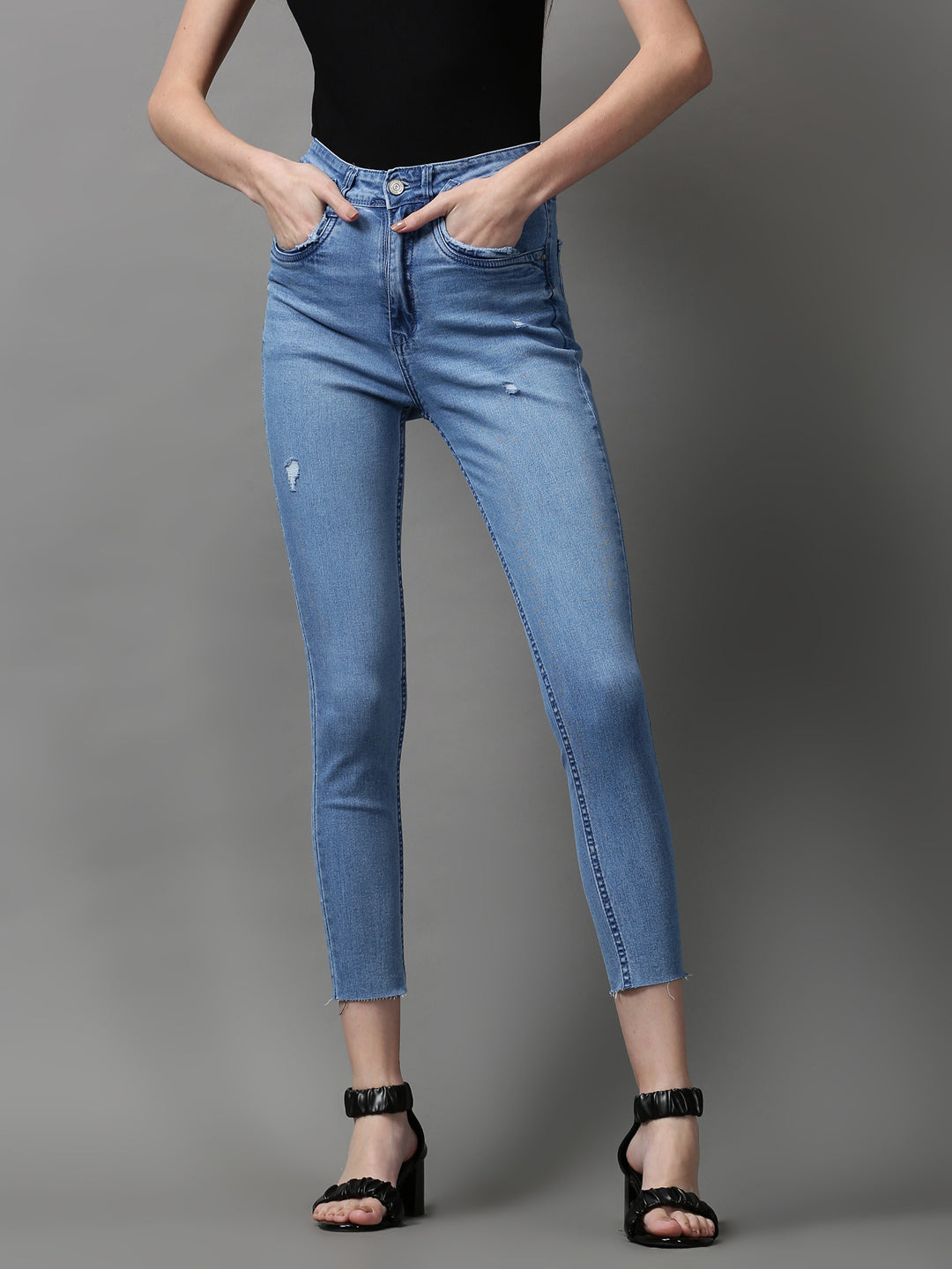 Women's Blue Skinny Fit High-Rise Low Distress Light Fade Stretchable Denim Jeans