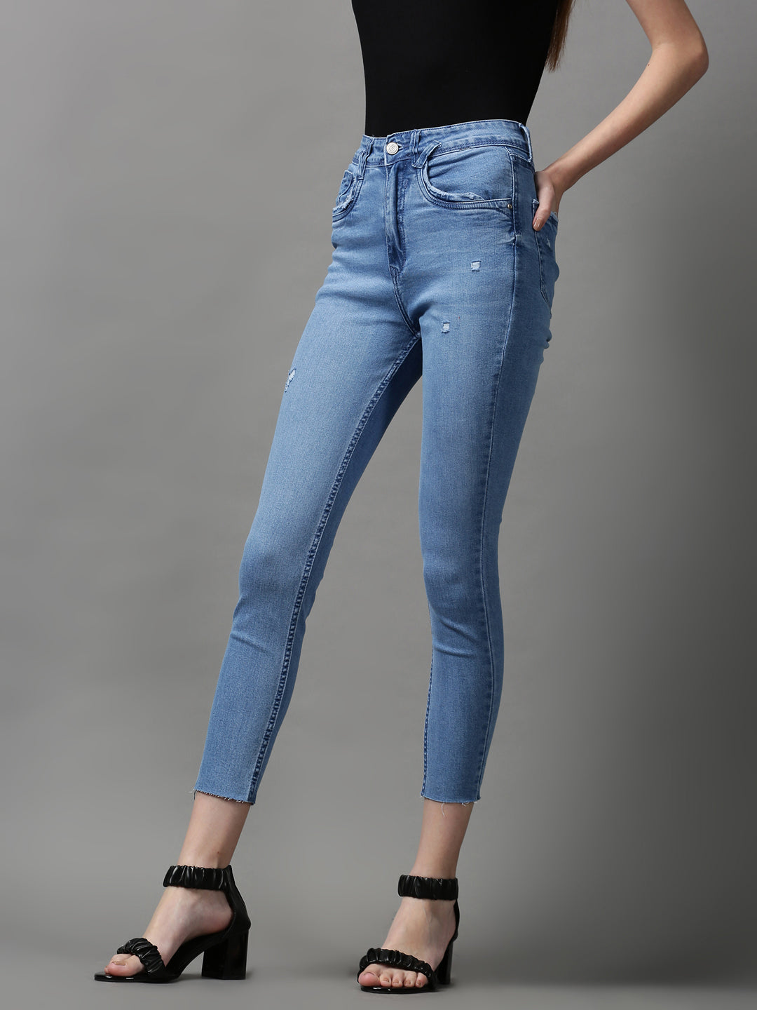 Women's Blue Skinny Fit High-Rise Low Distress Light Fade Stretchable Denim Jeans