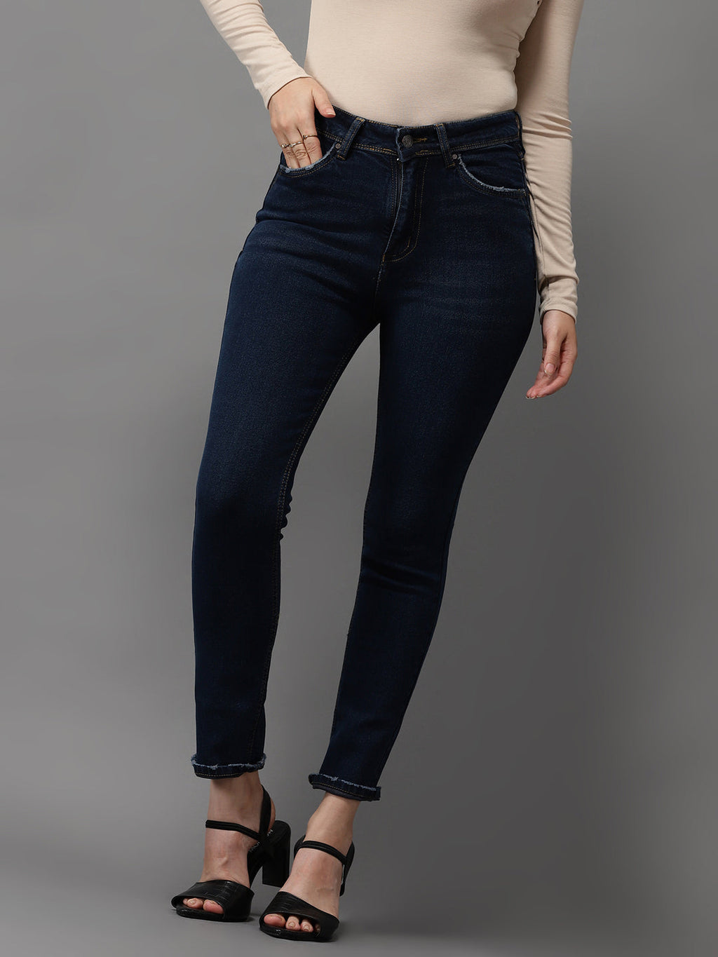 Women's Navy Blue Jean Slim Fit Slash Knee Stretchable Jeans