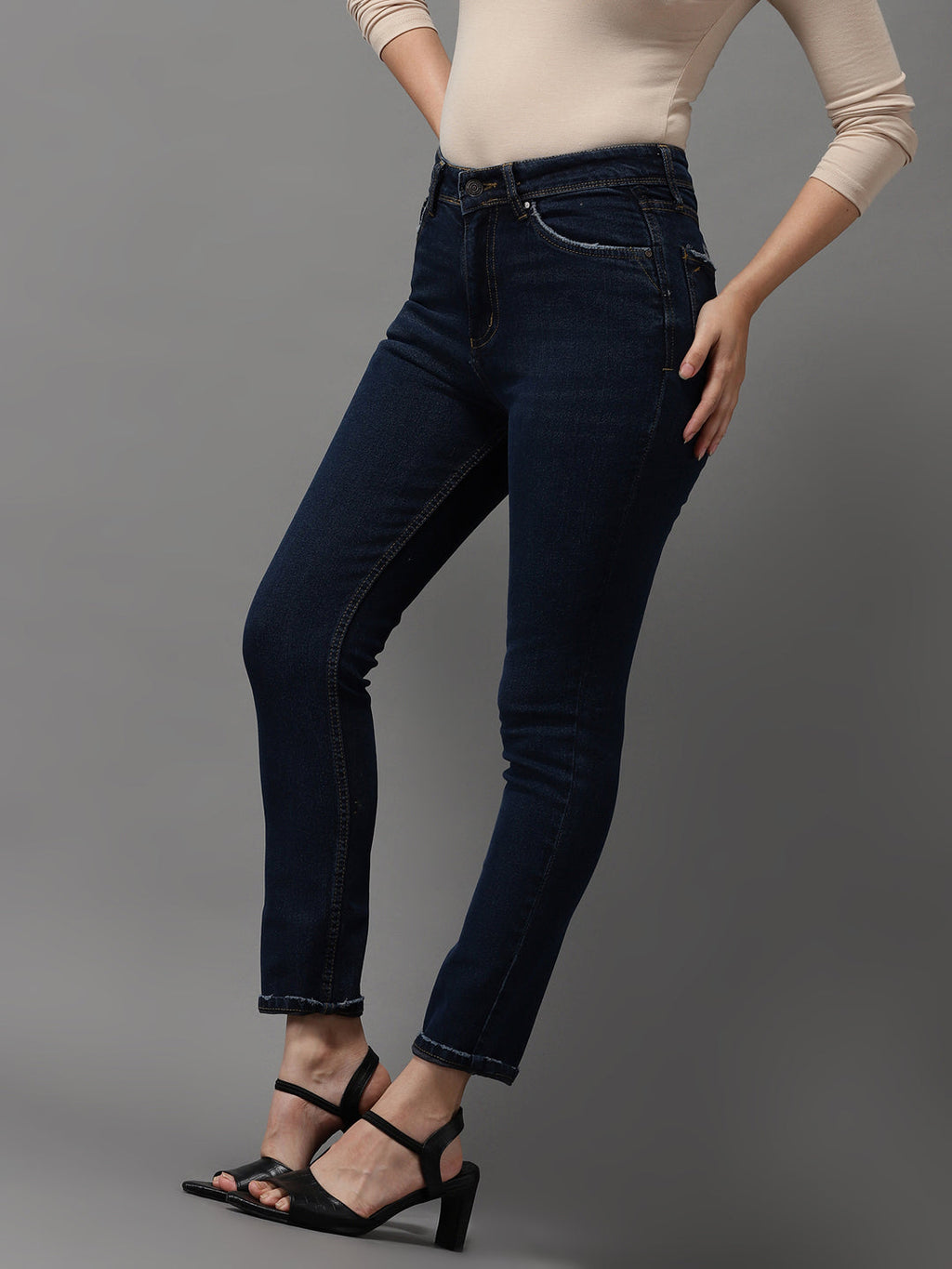 Women's Navy Blue Jean Slim Fit Slash Knee Stretchable Jeans