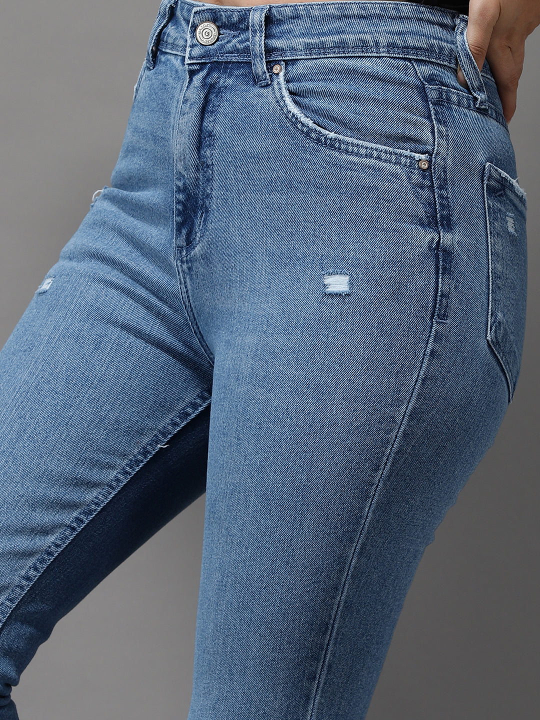 Women's Blue Jean Slim Fit High-Rise Mildly Distressed Light Fade Stretchable Jeans