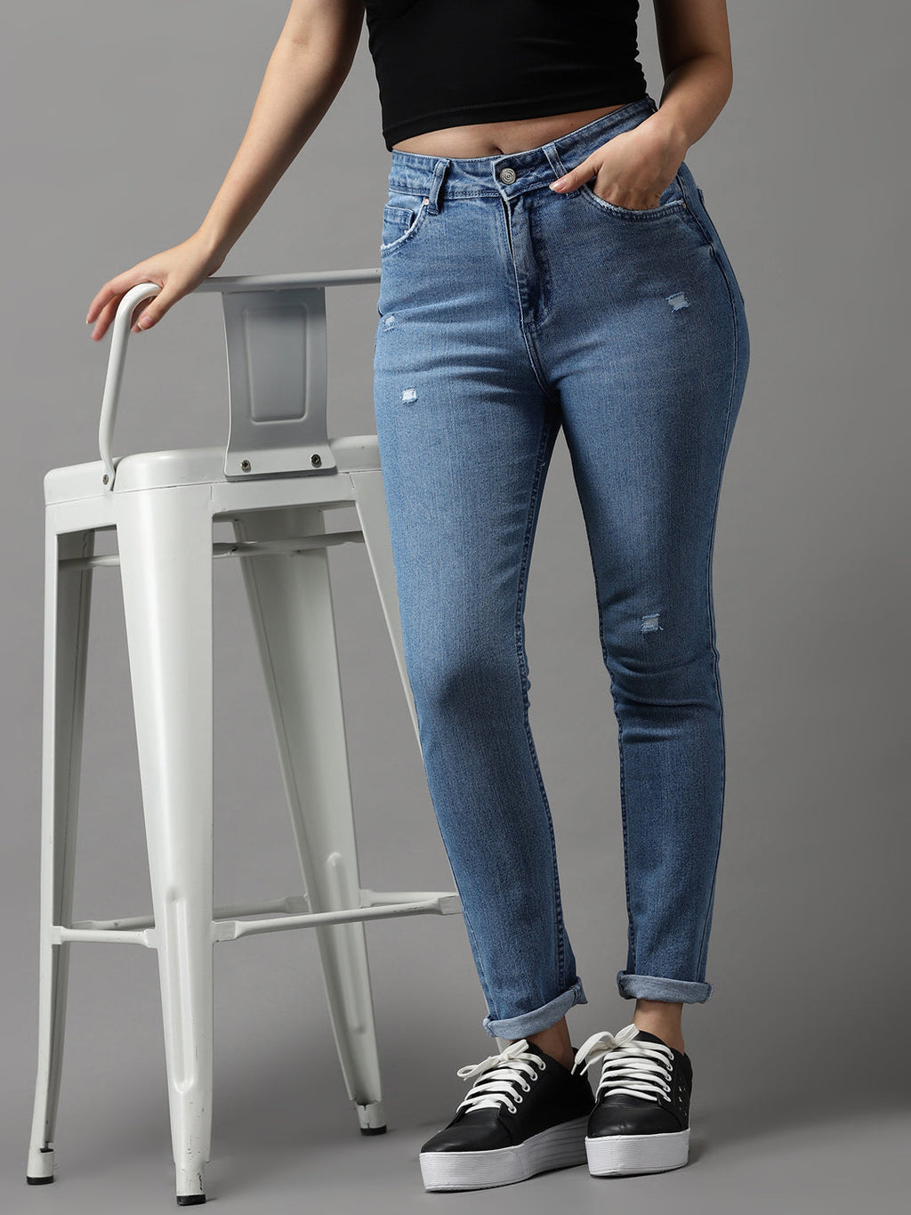 Women's Blue Jean Slim Fit High-Rise Mildly Distressed Light Fade Stretchable Jeans