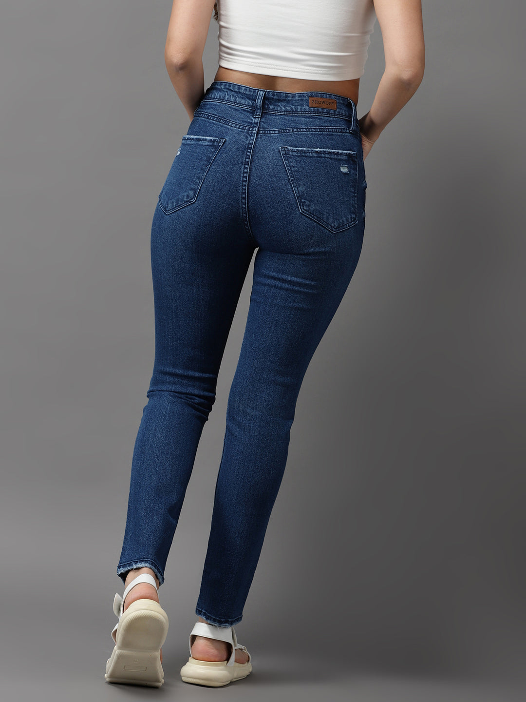 Women's Navy Blue Jean Slim Fit High-Rise Low Distress Light Fade Stretchable Jeans