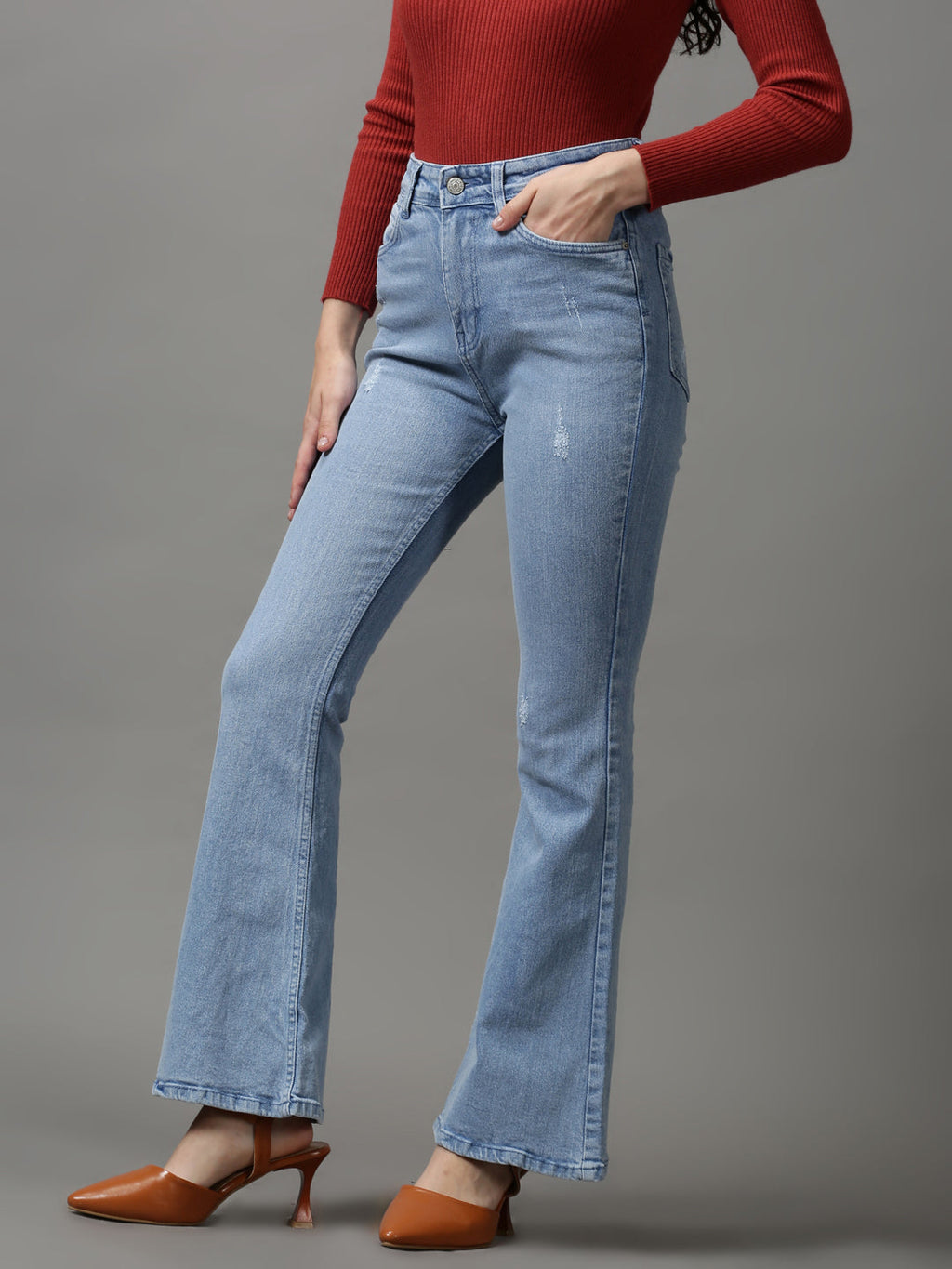 Women's Blue Bootcut Low Distress Light Fade Stretchable Denim Jeans