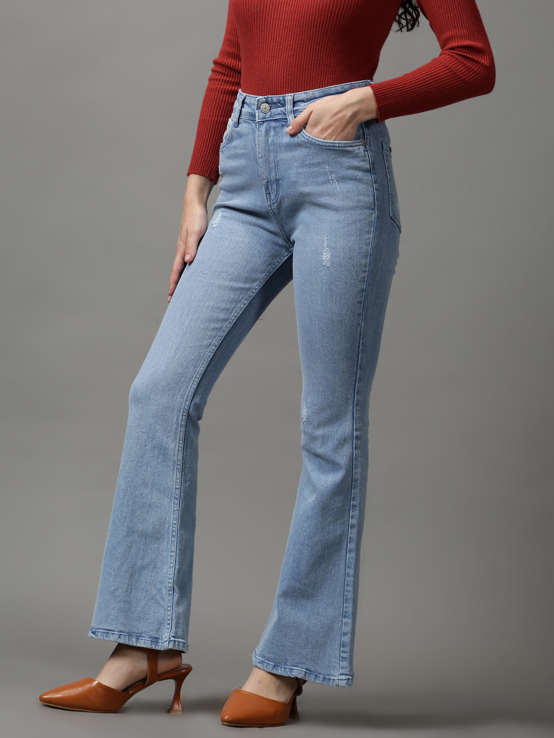 Women's Blue Bootcut Low Distress Light Fade Stretchable Denim Jeans