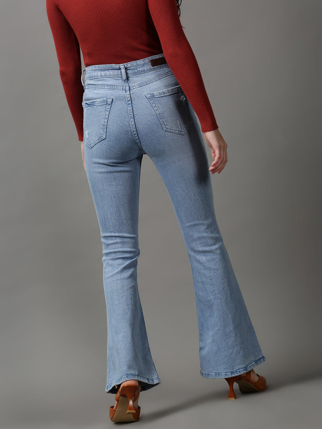 Women's Blue Bootcut Low Distress Light Fade Stretchable Denim Jeans