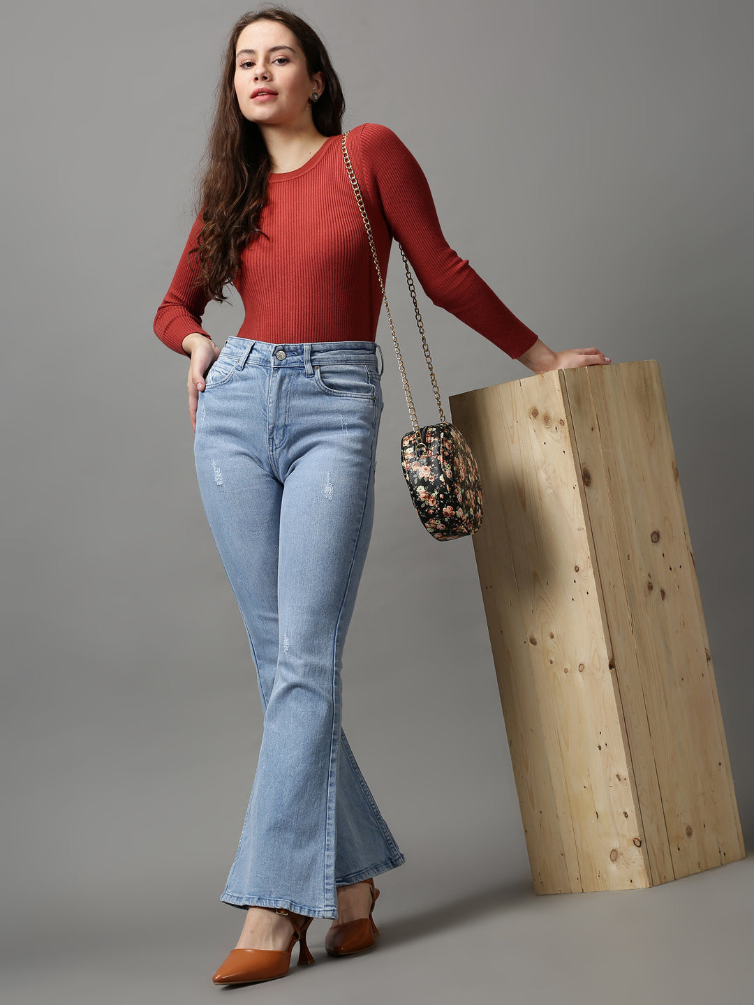 Women's Blue Bootcut Low Distress Light Fade Stretchable Denim Jeans