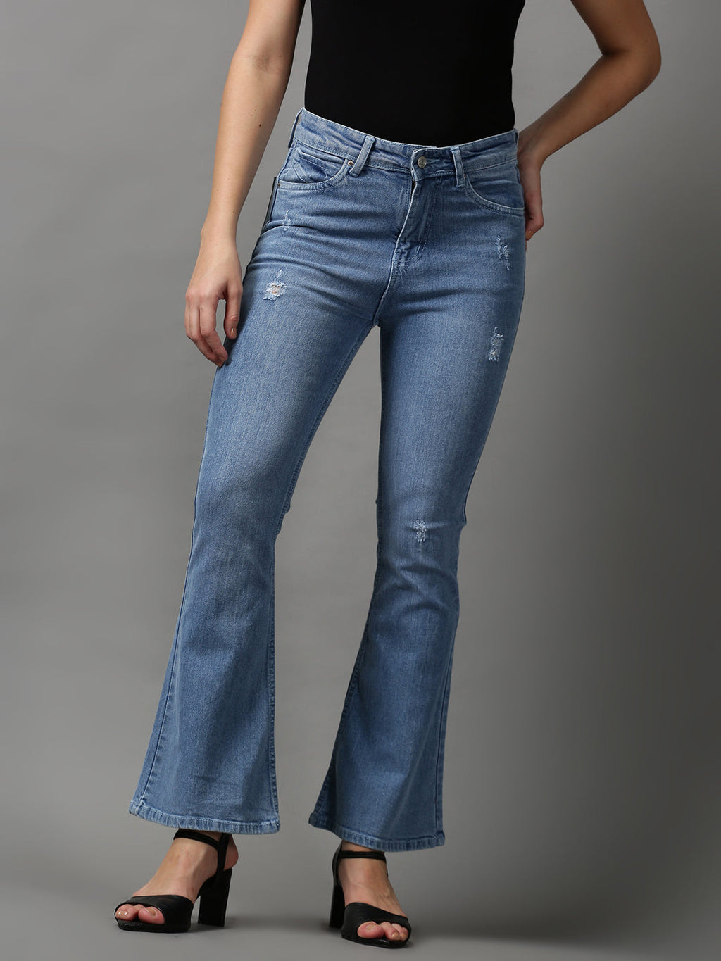 Women's Blue Bootcut Low Distress Light Fade Stretchable Denim Jeans
