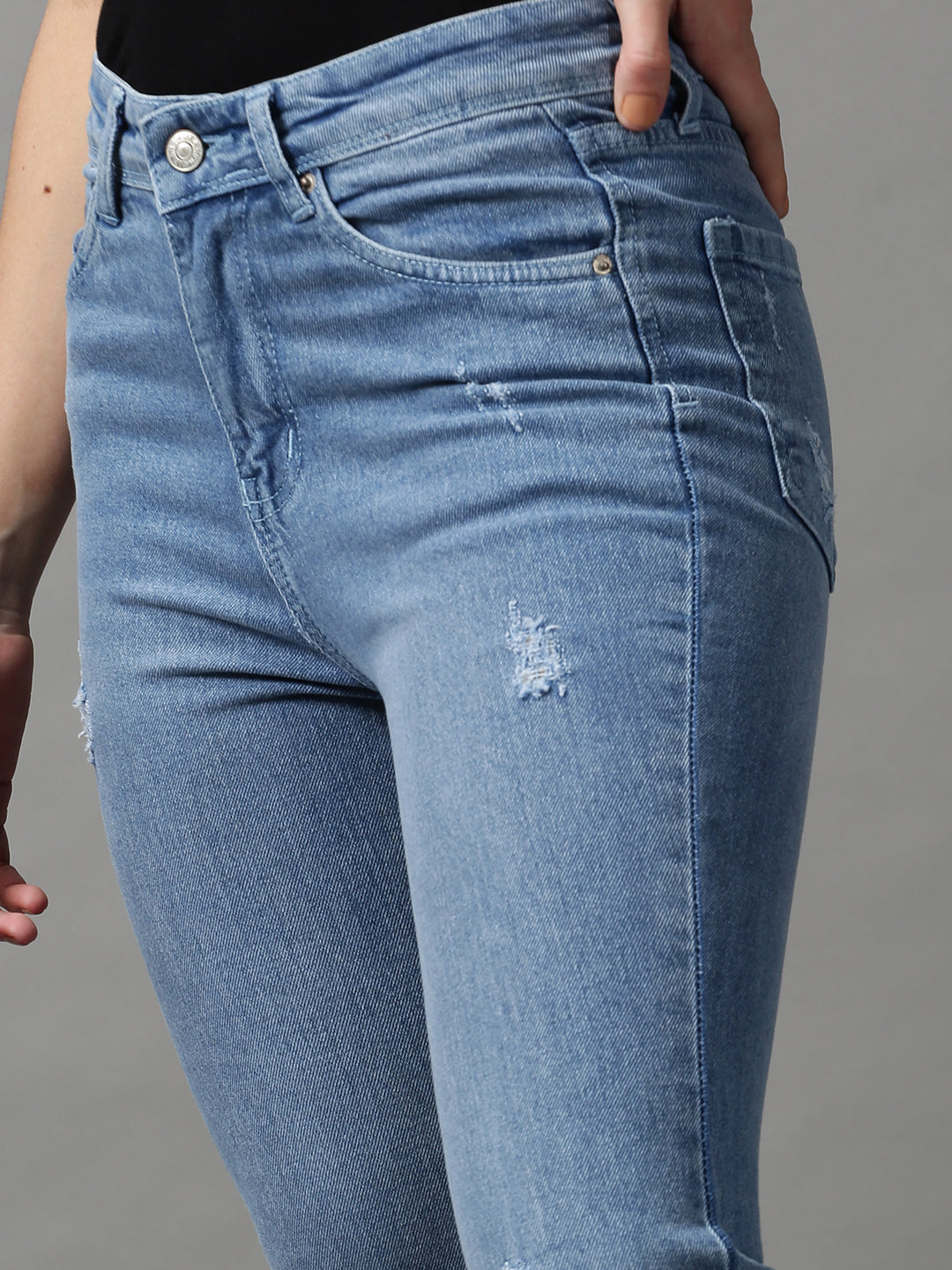 Women's Blue Bootcut Low Distress Light Fade Stretchable Denim Jeans