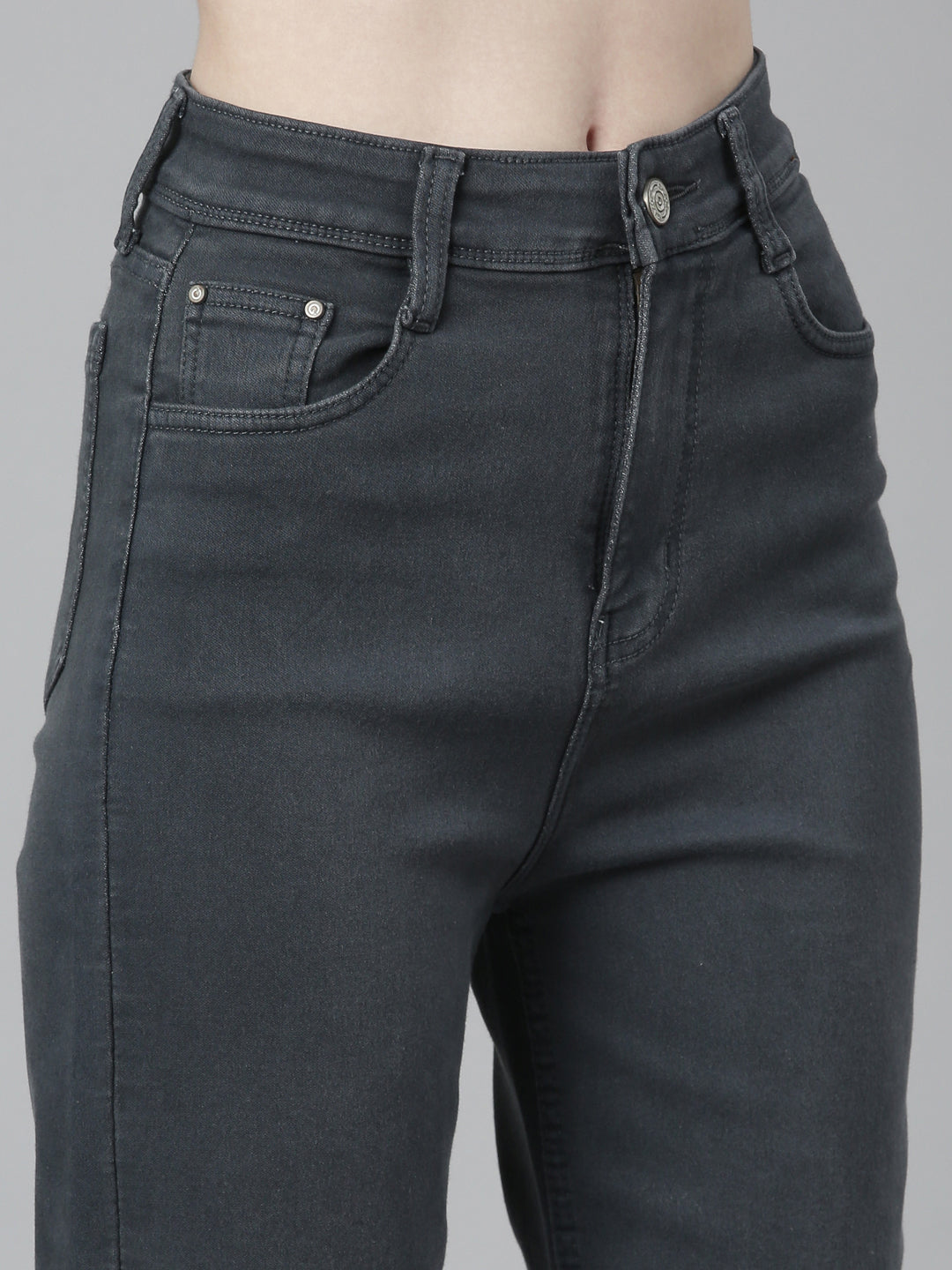 Women's Grey Jean Straight Fit Mid-Rise Acid Wash Stretchable Jeans