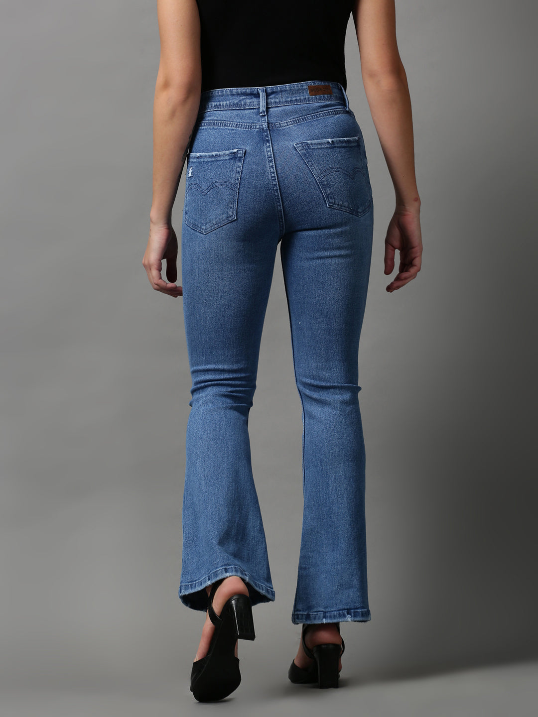 Women's Blue Bootcut Mildly Distressed Light Fade Stretchable Denim Jeans