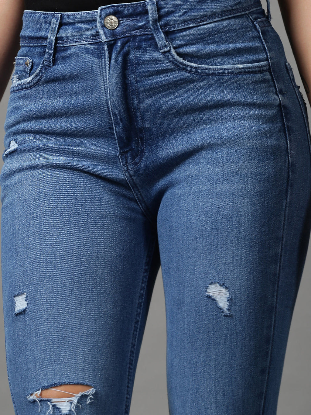 Women's Blue Bootcut Mildly Distressed Light Fade Stretchable Denim Jeans