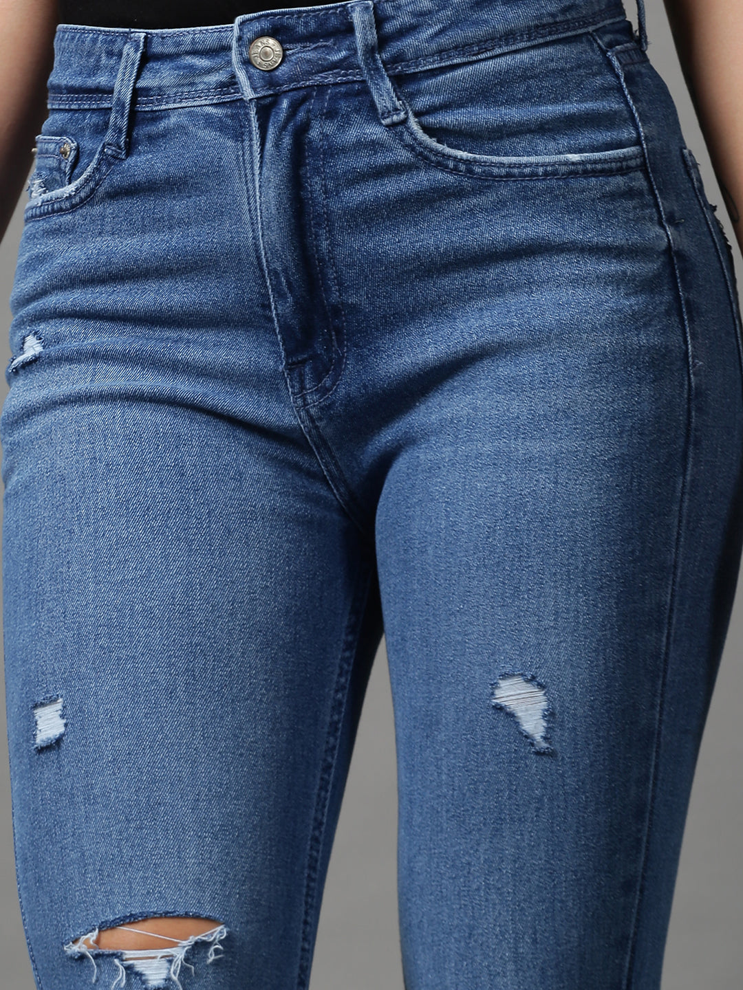 Women's Blue Bootcut Mildly Distressed Light Fade Stretchable Denim Jeans