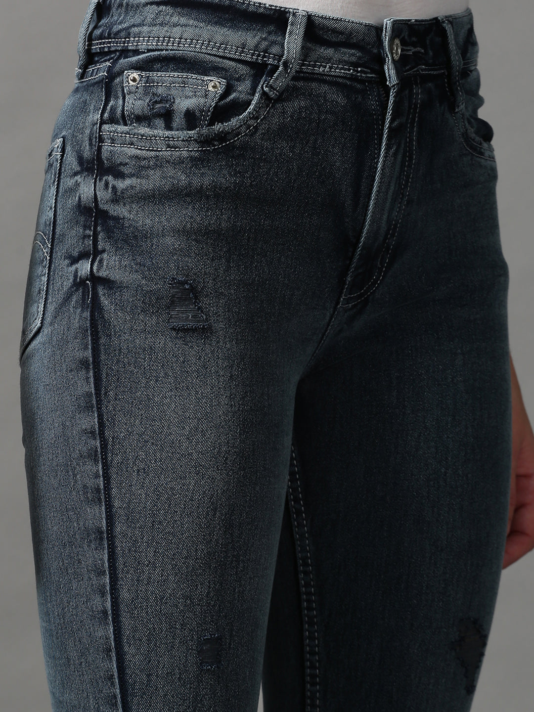 Women's Grey Bootcut Mildly Distressed Light Fade Stretchable Denim Jeans