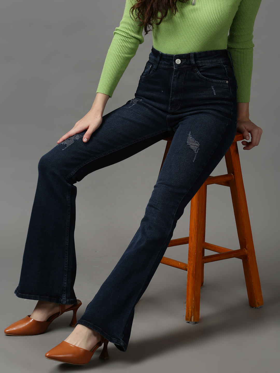 Women's Navy Blue Bootcut Mildly Distressed Light Fade Stretchable Denim Jeans