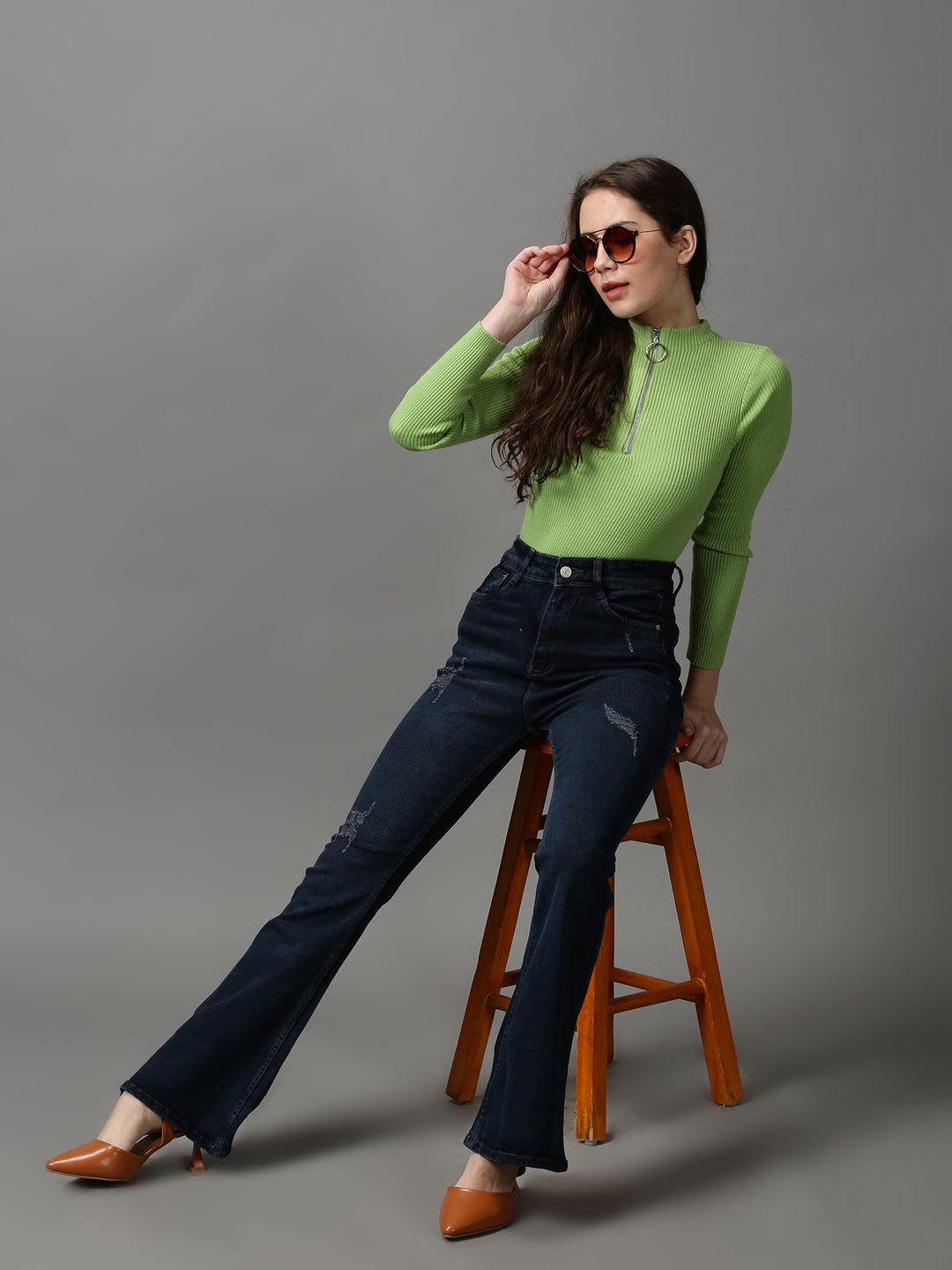 Women's Navy Blue Bootcut Mildly Distressed Light Fade Stretchable Denim Jeans