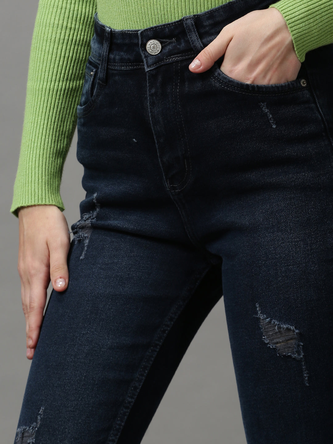 Women's Navy Blue Bootcut Mildly Distressed Light Fade Stretchable Denim Jeans