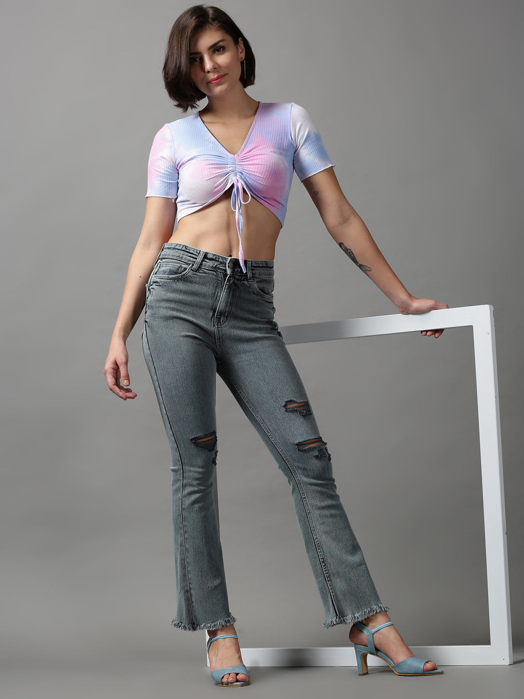 Women's Grey Bootcut Mildly Distressed Light Fade Stretchable Denim Jeans