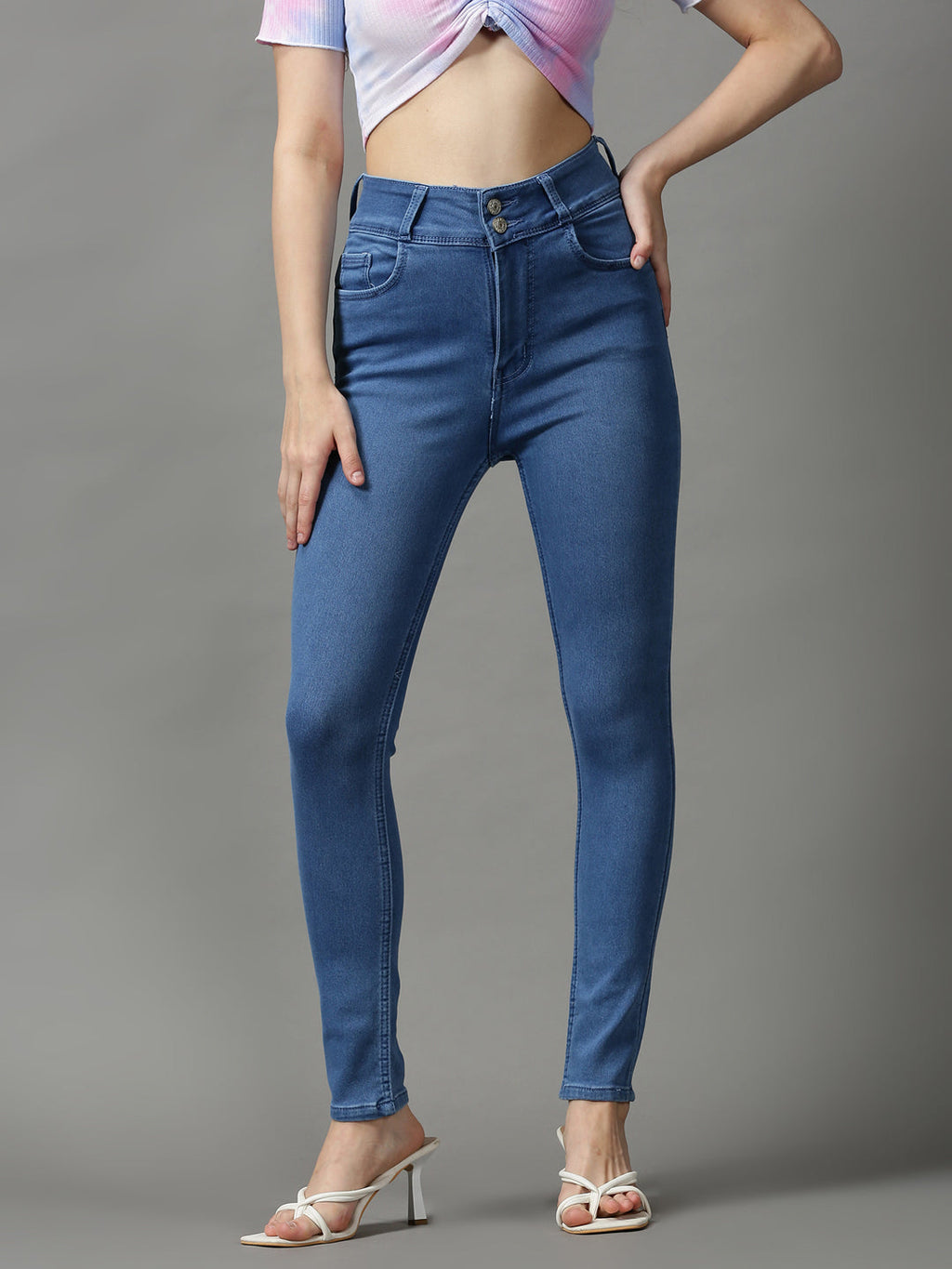Women's Blue Skinny Fit Light Fade Clean Look Stretchable Denim Jeans
