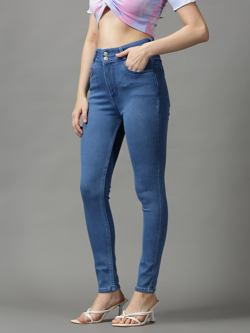Women's Blue Skinny Fit Light Fade Clean Look Stretchable Denim Jeans