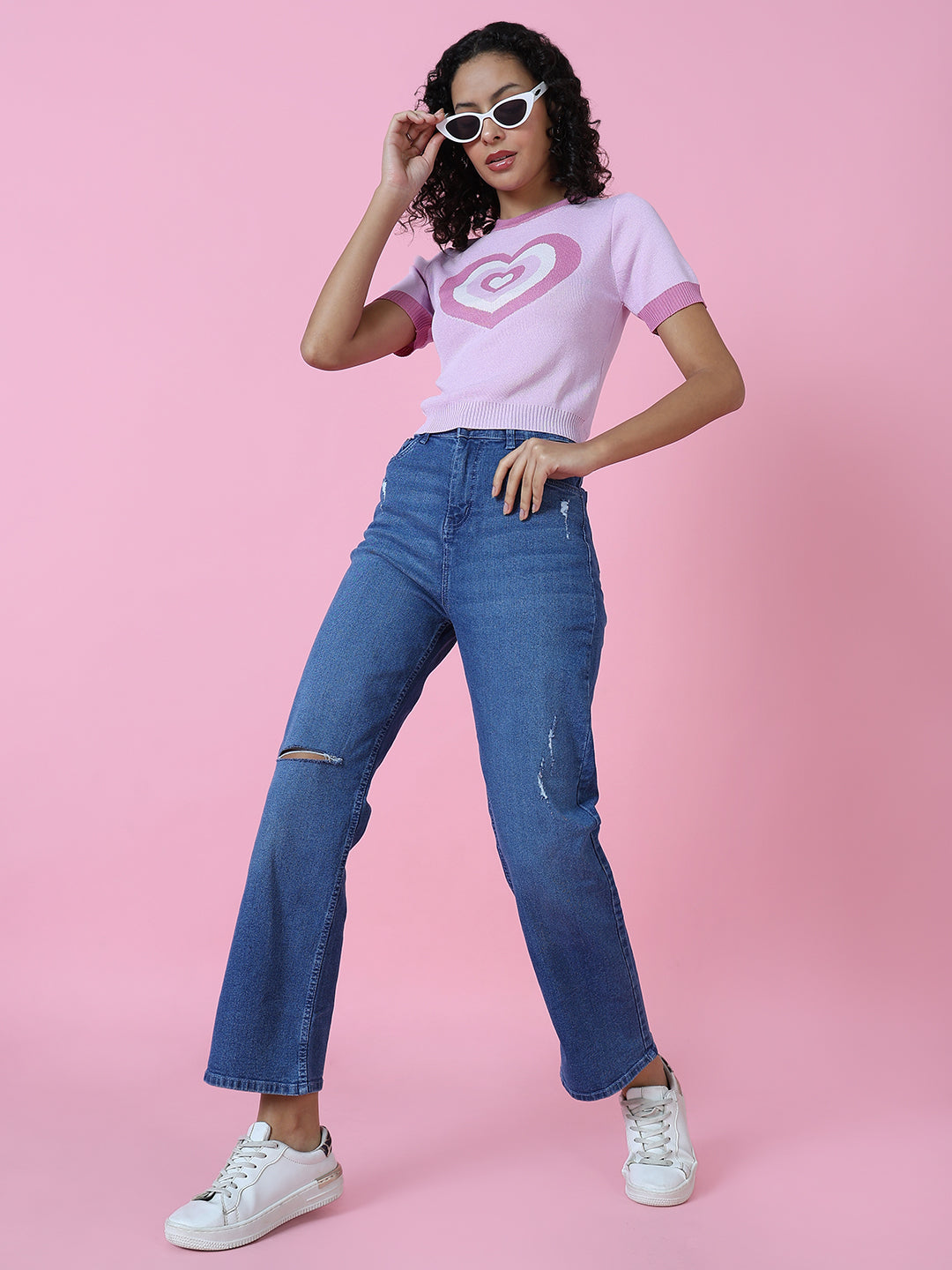 Women's Blue Wide Leg Slash Knee Light Fade Stretchable Denim Jeans