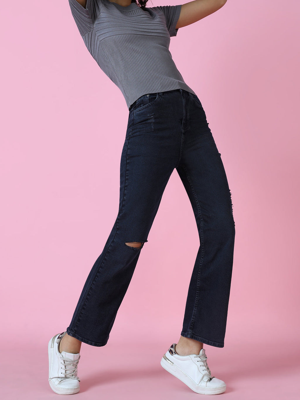 Women's Navy Blue Wide Leg Stretchable Denim Jeans