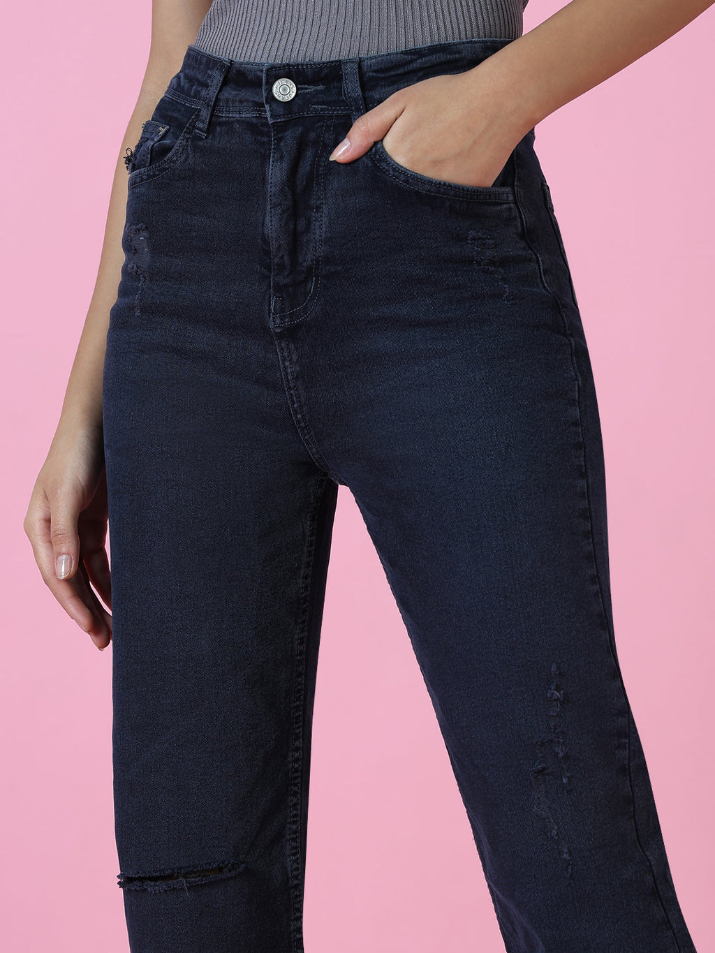 Women's Navy Blue Wide Leg Stretchable Denim Jeans