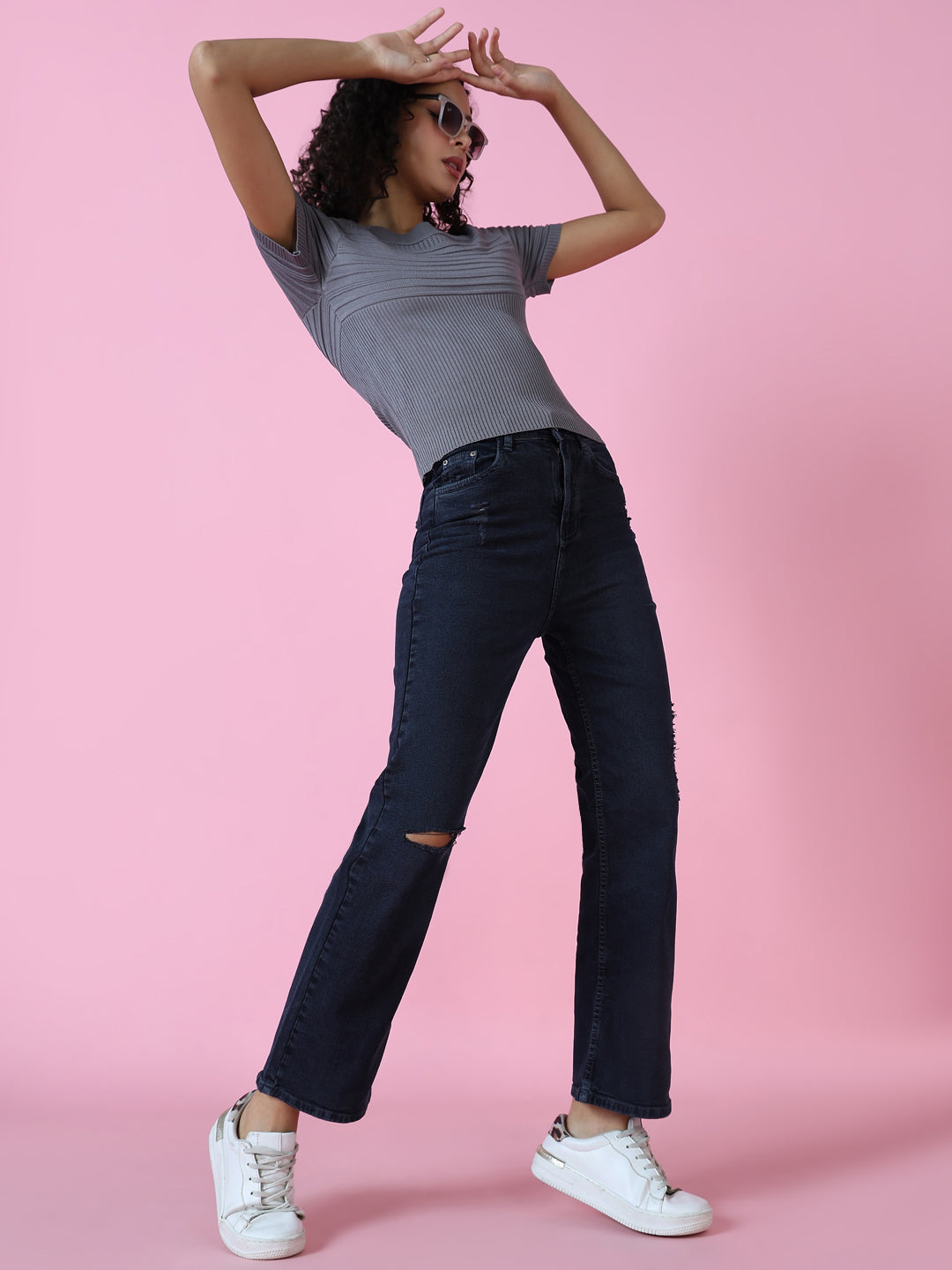 Women's Navy Blue Wide Leg Stretchable Denim Jeans