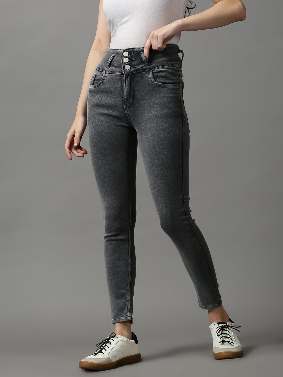Women's Grey Skinny Fit High-Rise Slash Knee Stretchable Denim Jeans