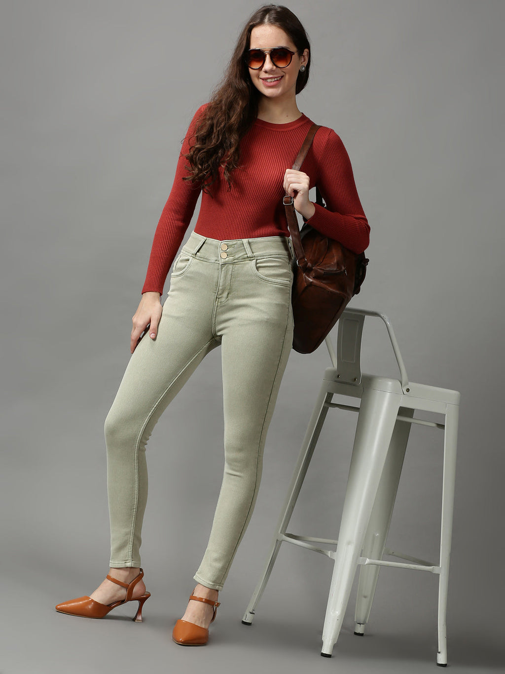 Women's Green Skinny Fit High-Rise Stretchable Denim Jeans