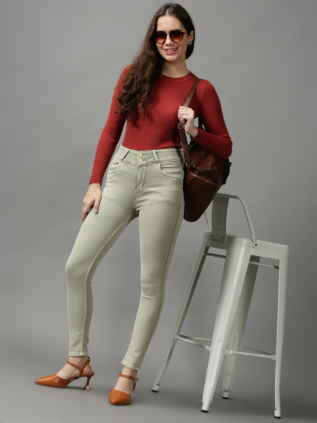 Women's Green Skinny Fit High-Rise Stretchable Denim Jeans